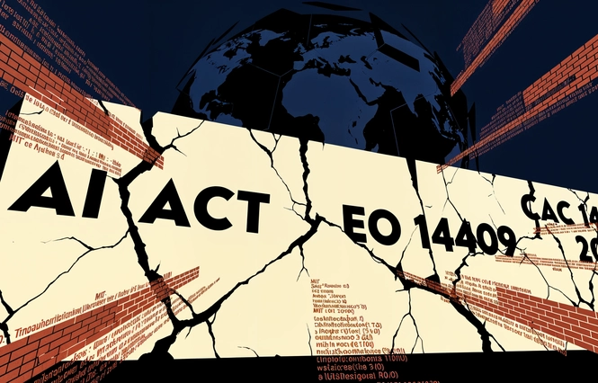 Affiche constructiviste — muraille régulatoire fissurée, licences MIT et Apache 2.0 s'échappent comme de l'eau, style El Lissitzky